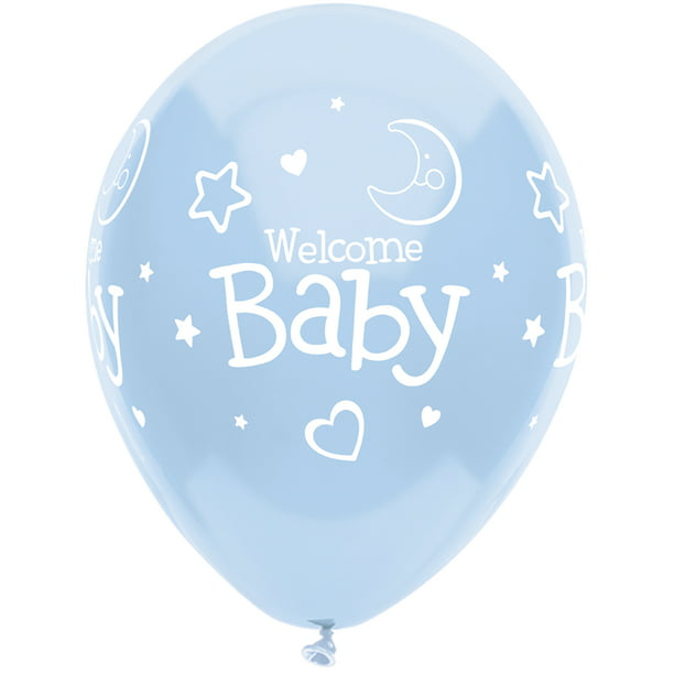 Welcome New Baby 12" Printed Latex Balloons Blue 15 ct By Party Decor Pram